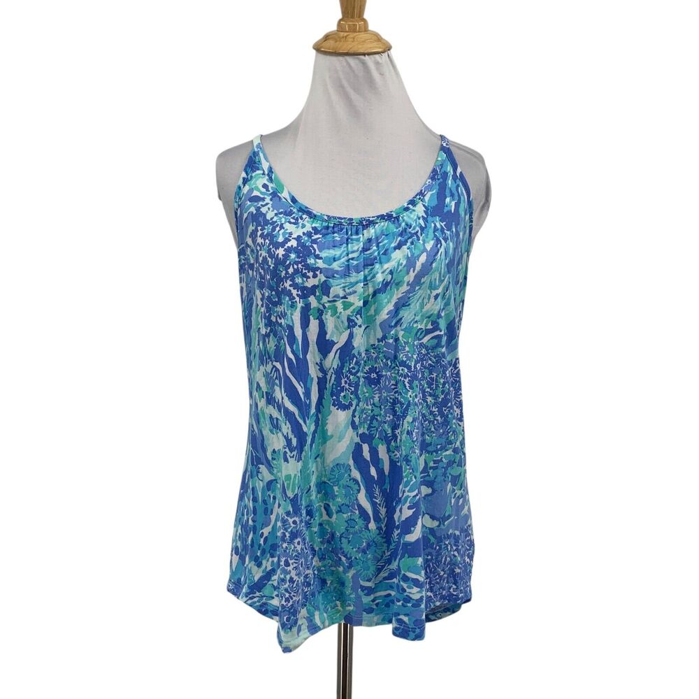 Lilly Pulitzer Tank Top Women XS Extra Small Blue Floral Lacy Halter Pima Cotton